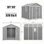 Outdoor Shed 5x3/6x4/7x7/8x6/8x10/8x12 FT, 15MM Thick PP Resin Plastic Shed with Lockable Door & Floor - Waterproof Plastic Tool Shed for Bike, Garbage Can, Backyard, Patio ﻿ ﻿ (Grey, 7x7FT)