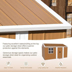 12x8 FT Outdoor Steel Storage Shed with Clear Windows, Sliding Lockable Door & Ventilation, Brown and White Weather-Resistant Metal Tool Shed for Garden, Backyard, Lawn, and Utility Storage