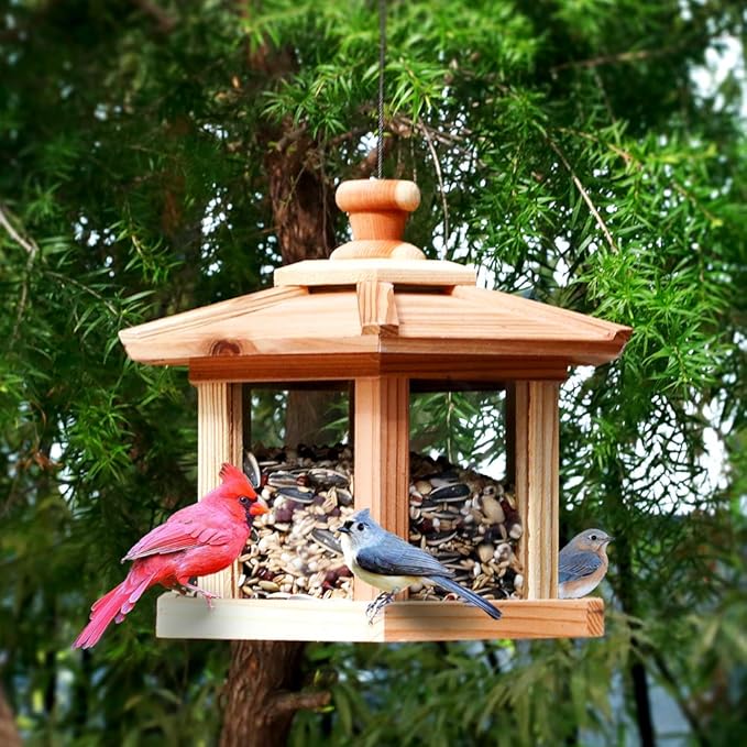 Solution4Patio Bird Feeder for Outdoors - USA Cedar Hexagon Gazebo Bird Feeders with Vented Mesh Tray, Easy-Clean & Fill Design 9.6" Dia. X 8.7" H 3.2-lb Capacity