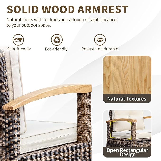 MEISSALIVVE 9 Piece Outdoor Patio Furniture Set, Half-Moon Curved Sectional Set with Wood Armrests, Patio Conversation Set, Tempered Glass Coffee & Side Tables（Brown）
