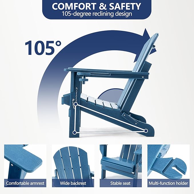 Folding Adirondack Chair, HDPE Outdoor Texture Lawn Chair with Reclining Back, Cup and Phone Holder - Comfortable Firepit Chair Weather Resistant for Patio or Backyard (Blue, Set of 4)