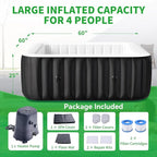 2-4 Person Inflatable Hot Tub, Square Blow Up Portable Hot Tub, Leak-Proof PVC Outdoor Spa with 120 Strong Air Jets, Heater Pump and Insulated Cover, 60” X 60”X 25”