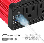 ALLWEI 300W Power Inverter DC 12V to 110V AC, Compact Car Plug Adapter Outlet with 65W PD USB-C &18W USB-A Fast Charging, Cigarette Lighter Adapter Car Charger for Phone, Laptop on Road Trip - Red
