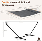 SUNCREAT Double Hammock with 12 ft Stand, Solar Powered Lights Included, Outdoor Hammock for Outside, Dark Gray