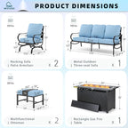 MFSTUDIO 6 Pieces Patio Furniture Sets with 45" Gas Fire Pit Table(Up to 7 Seat),Outdoor Metal Conversation Sofas with 1 x 3-Seat Sofa,2 Rocking Chairs and 2 Ottoman,Blue Cushion