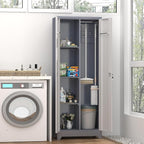 GREATMEET 65" Garage Storage Cabinet, Broom Closet Storage Cabinet, Storage Shed, Metal Cabinets with Doors and Shelves, Tool Shed for Brooms and Mops, Utility Cabinets for Storage, Grey&White