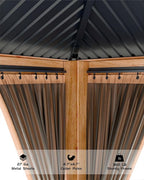GAOMON Hardtop Spruce Wood Gazebo 12'x12', with Double Roof of Metal Sheets, 4.7'' Heavy Duty Poles, Gray Net, and Curtain, Permanent Building for Patio, Deck, Backyard, Lawn, and Garden, Khaki
