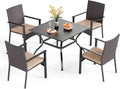 PHI VILLA 5 Piece Outdoor Dining Set for 4, 37" Square Metal Dining Table & 4 Cushioned Rattan Wicker Chairs for Patio, Deck, Yard, Porch
