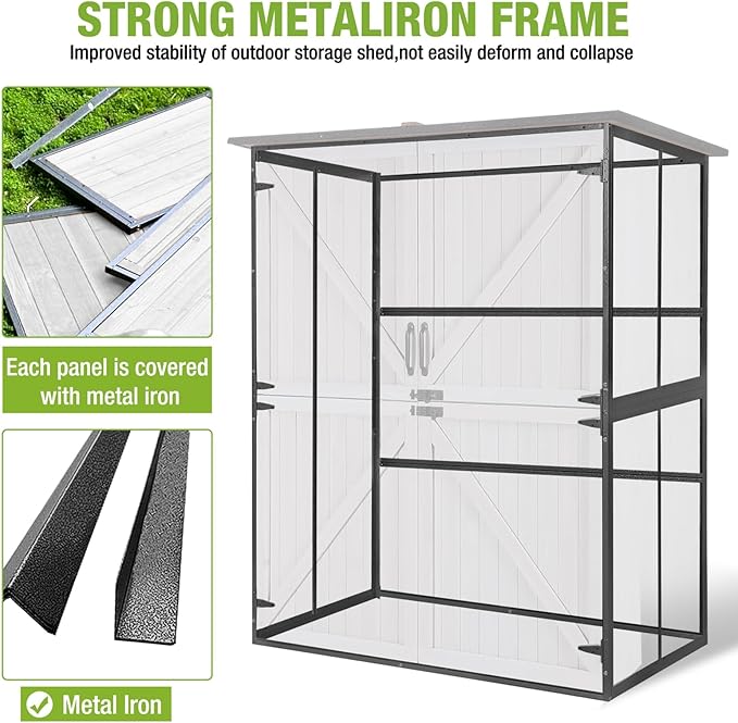GUTINNEEN Outdoor Storage Shed with Metal Frame,Wooden Tool Cabinet with Adjustable Shelfs, House Garden Shed for Backyard Garden Patio Lawn