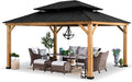 SUNJOY 13 x 15 ft. Wood Gazebo Cedar Framed Gazebos with Black Double Steel Hardtop Roof for Garden,Backyard Shade, Matte Black Roof + Natural Wood Frame