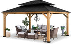 SUNJOY 13 x 15 ft. Wood Gazebo Cedar Framed Gazebos with Black Double Steel Hardtop Roof for Garden,Backyard Shade, Matte Black Roof + Natural Wood Frame