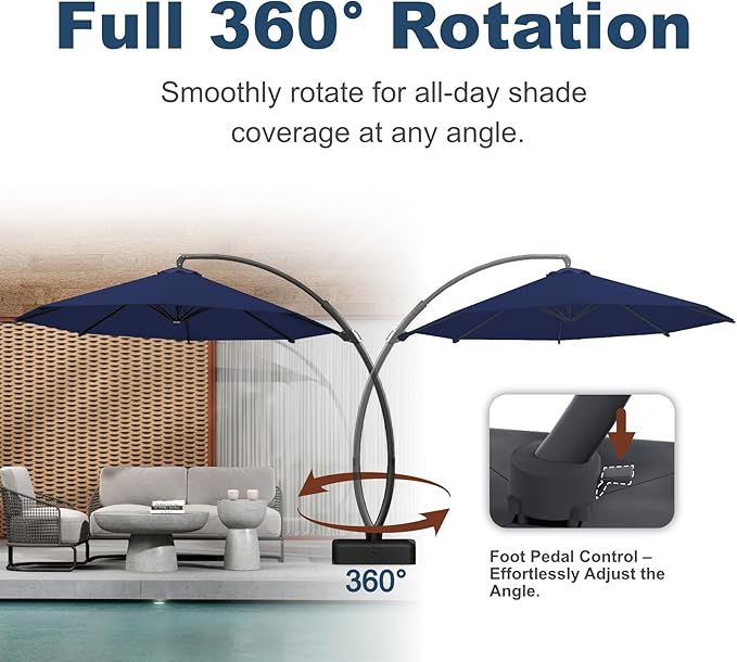 12FT Cantilever Umbrella with Base Large Curvy Outdoor Aluminum Offset Umbrella w/ 360° Rotation, UV Resistant Canopy for Patio, Garden, Backyard, Navy Blue