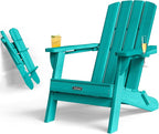 Folding Adirondack Chair with Wood Texture, Plastic Adirondack Chairs with 2 Cup Holder, HDPE All-Weather Fire Pit Chairs,Outdoor Lawn Chair for Patio Garden (Lake Blue)
