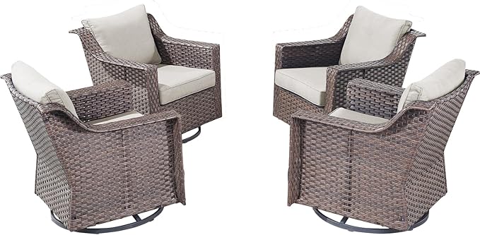 Outdoor Patio Wicker Swivel Chairs - Set of 4 Outside Rattan Rocker Glider Chair Rocking Armchairs for Front Porch Balcony Backyard Yard Deck Poolside Apartment – Brown/Beige