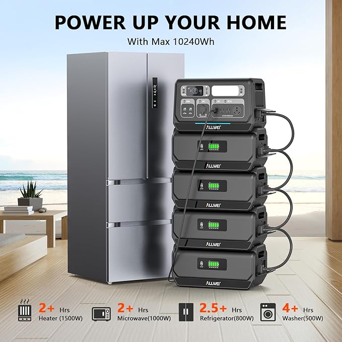 ALLWEI 2400W Portable Power Station (Surge 4800W) with 1x400W Solar Panel and 1x2048Wh Expansion Battery Included, 4 AC Outlet, LiFePO4 Battery Backup Generator for RV Camping Emergency Outdoor Home