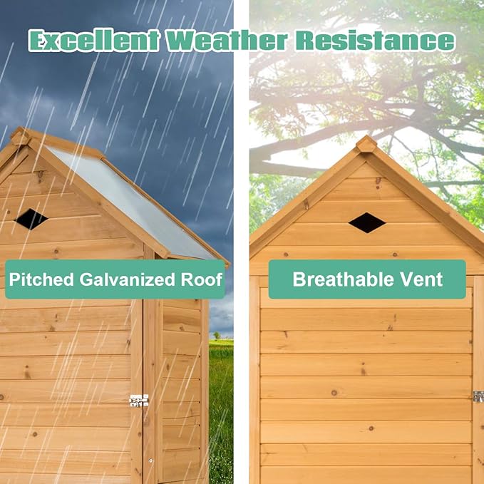 Goplus Outdoor Storage Shed, Lockable Fir Wood Garden Tool Storage Cabinet with Galvanized Sheet Roof for Garden, Yard, Natural Color