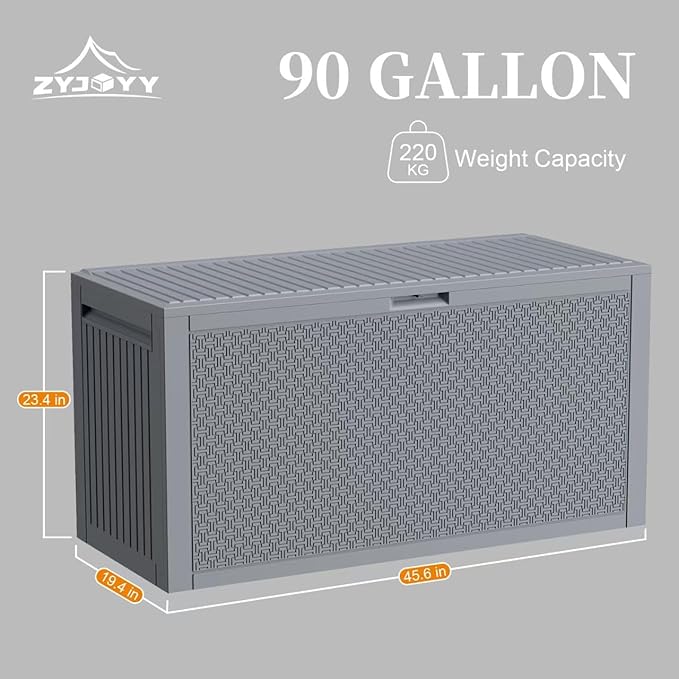 Outdoor Storage Box, 90 Gallon Deck Box, Waterproof Resin Storage Box for Patio Cushions, Gardening Tools, Lockable, UV Resistant, Grey