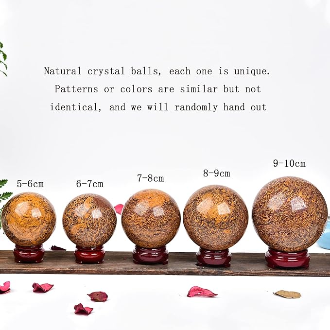 JIC Gem Golden Jade Quartz Crystal Ball Healing Crystal Gemstone Sphere with Decorative Wooden Stand for Meditation Gifts Decoration (80-90mm)
