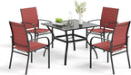 5 Pieces Patio Table and Chairs Set, 4 Person Outdoor Dining Furniture Set, 4 Red Textilene Chairs and 37" Square Metal Table with Umbrella Hole, for Deck Backyard Lawn