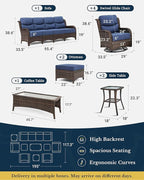 HILLGA Luxury Patio Furniture Set with 6-inch Thick Cushion, Outdoor Sectional Sofa and High Back Swivel Rocker Patio Chairs, 10PCS Wicker Conversation Set for Deck Yard and Poolside, Blue (V2)