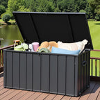 LANTRO JS 100 Gallon Metal Deck Box, Outdoor Storage Box Waterproof with Wheels, Lockable Storage Container for Patio Furniture Cushions Garden Tools, Dark Gray