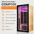 Sauna Indoor Far Infrared Saunas Home 1 Person Canadian Hemlock 1450W Low-EMF Dry Spa Sauna with Oxygen Bar, 7 Color Therapy, 7 Heating Plates, Intelligent Control Panel, Speakers (33.5*33.5*69 IN)