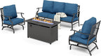 HERA'S HOUSE 4 Pieces Patio Furniture Set with Fire Pit Table, 2 x Rocking Chair, 3-Seat Sofa with 45" Fire Pit Table, Outdoor Conversation Set for Garden Poolside Backyard, Pacific Blue