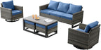 Wicker Outdoor Patio Furniture Set - 6 Piece Patio Conversation Set with 2 Swivel Rocker Chairs,2 Rattan Ottoman,1 Couch and 1 Metal Coffee Table for Outside Porch Deck Backyard(Mixed Grey/Blue)