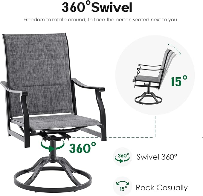 Swivel Patio Chairs Set of 4, Outdoor Patio Dining Chairs with Padded Textilene, Swivel & Rocker Metal Outdoor Dining Chairs All-Weather for Backyard, Gray Fabric with Black Frame