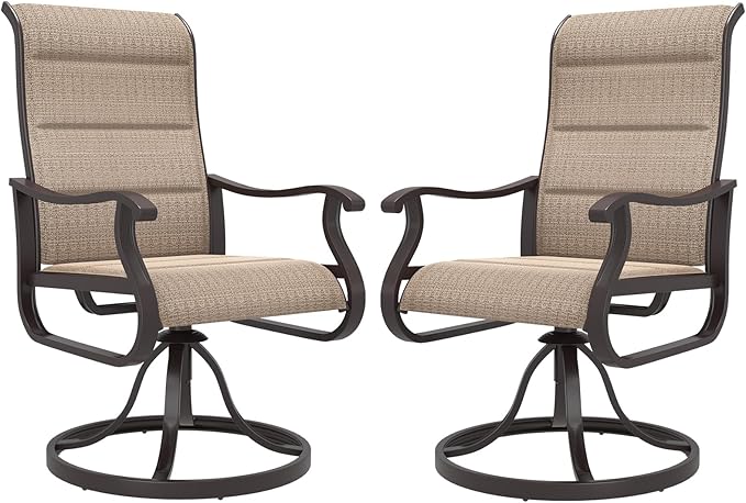 Amopatio Padded Patio Swivel Chairs Set of 2, Outdoor Dining Chairs with Ultra Soft Textilene High Back Seat & Metal Rocker Frame, for Backyard Deck Lawn, Brown