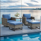 Rilyson Wicker Outdoor Patio Furniture Set - 5 Piece Patio Conversation Set with 2 Swivel Rocker Chairs,2 Rattan Ottoman and 1 Metal Side Table for Outside Porch Deck Backyard Garden(Mixed Grey/Blue)