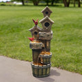 35" Tall Outdoor 4-Tier Birdhouse Floor Standing Water Fountain with LED Lights for Garden, Patio, Yard, Porch Art Home Decor (Bird)