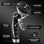 RESTMO Hose Nozzle with Easy Self-Lock Trigger, Heavy Duty Metal Water Hose Sprayer with 9 Spray Patterns and On/Off Valve, Ideal for Outdoor Lawn & Garden Watering, Car & Pet Washing, Silver