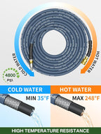 3/8" 4800PSI Pressure Washer Hose 200FT with Swivel Quick Connect for Cold/Hot Water Max 248°F, Kink Resistant Steel Wire Braided, Wear Resistant Power Washer Hose with M22 14mm Adapter