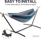 PNAEUT Double Hammocks with Stand for Outside, Portable Space Saving Heavy-Duty Steel Stand for Indoor Outdoor Patio with Carrying Bag, 450 lbs Capacity (Denim)