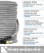 Pressure Washer Hose 125FT 3/8" for Cold and Hot Water 212°F, with Swivel Quick Connect, 4500PSI Kink Resistant Grade Steel Wire Braided, Power Washer Hose With 2pcs M22-14mm Adapter