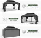 Aoxun 12' X 16' Permanent Hardtop Gazebo Aluminum Gazebo with Galvanized Steel Double Roof for Patio Lawn and Garden, Curtains and Netting Included, and LED Outdoor Waterproof Hanging Lights, Grey