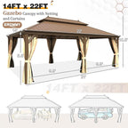 EROMMY 14'x22' Hardtop Gazebo Double Roof Galvanized Steel Canopy Outdoor Aluminum Frame Permanent Metal Pavilion with Netting and Curtains for Patio Backyard Deck and Lawns