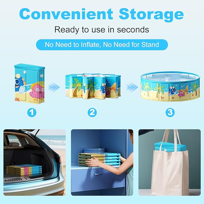 Foldable Swimming Pool for Kids 63"x18" Hard Plastic Portable Dog Pool Anti-Slip Collapsible Pets Bathtub Kiddie Pool Indoor Outdoor Backyard (JellieMons 63'')