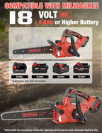12 Inch Brushless Electric Chainsaw Cordless, Compatible with Milwaukee M18 Battery, Auto Oiler, 44.3 FT/S Powerful Cutting, Low Kickback, Battery Powered Chainsaw for Trees Pruning Wood Cutting