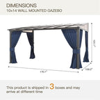 10’ x 14’ Gazebo for Patio,Wall Mounted Gazebo with Sloping Polycarbonate Roof,Aluminum Frame Outdoor pelgole w/Netting & Curtain for Garden,Deck,Backyard,NavyBlue