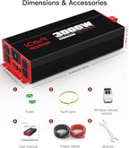 3000 Watts Power Inverter Pure Sine Wave DC 12V to 110V/120V AC 6000W Peak Inverters with 4 AC Outlets Type-C PD30W QC3.0 USB Fast Charging Port Remote Control and LCD Display Solar Off-Grid Converter