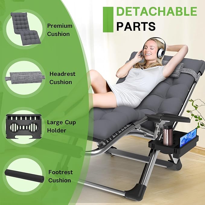 ZENPETIO 29In XL Zero Gravity Chair w/Cushion, Zero Gravity Recliner Lounge Chair for Indoor and Outdoor, Reclining Camping Chair for Lawn, Anti Gravity Chair with Cup Holder and Footrest, 440LBS