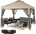 CROWN SHADES Gazebo 10x10 Pop Up Canopy with Mosquito Netting, Screen Tent with 4 Ropes, 8 Stakes, 4 Sandbags and Wheeled Storage Bag, Canopy for Patio & Backyard, Beige