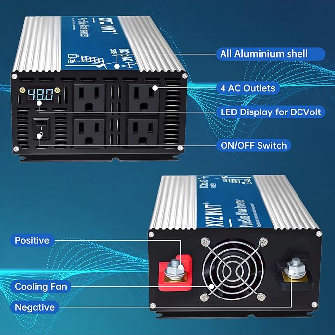 2000W Pure Sine Wave Inverter DC 48V to AC 120V, 3600W Peak Power with LED Display, Power Converter for Car, Truck, Solar, Home & Rechargeable Devices