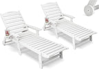 Patio Chaise Lounge Chair Set of 2, HDPE Outdoor Lounge Chairs with 5-Position Adjustable Backrest, Cup Holder and Wheels, 450lbs Capacity for Poolside Deck Backyard, All Weather Material(White)
