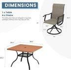 DIFY 5 Pieces Outdoor Patio Dining Set for 4, 38.6" Walnut Square Patio Dining Table and 4 Brown Swivel Textilene Chairs with Curved Armrest, Patio Table and Chairs