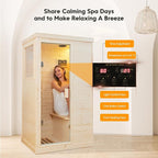 Far Infrared Sauna 1 Person Sauna Room Home Spruce Wood Indoor Saunas 900W/110V Low EMF Dry Sauna 5 Energy Saving Heating Panels, Built-in Control Panel, Speakers, Reading Lights and Circulation Vents