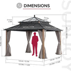 SUNJOY Kingston 12' x 12' Hardtop Gazebo with Galvanized Steel/Polycarbonate Double Roof, Curtain and Netting, Woodgrain Finish Aluminum Posts Permanent Pavilion Gazebo for Garden, Patio, Deck, Lawn