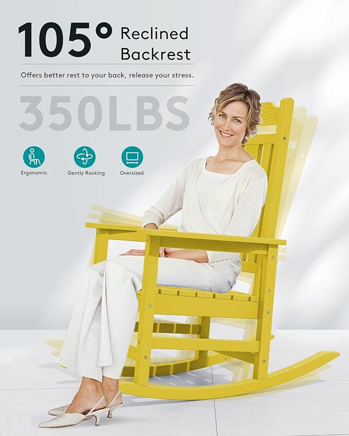 SERWALL Outdoor Rocking Chair Set of 4, Patio Rocking Chairs Set, HDPE Rocking Chair Outdoor for Adults, Heavy Duty Front Porch Rocker, Yellow